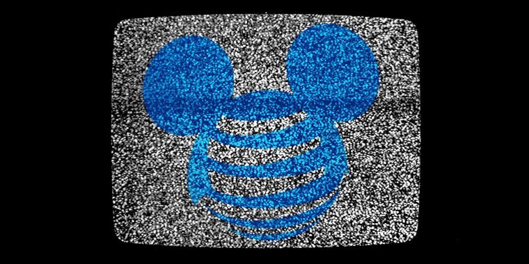 at&t and disney logos mashed together on static television background