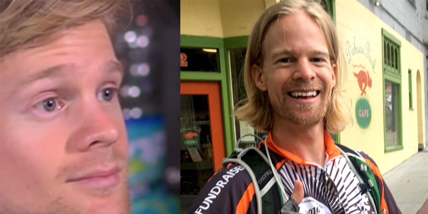 Blinking white guy Drew Scanlon biking for MS