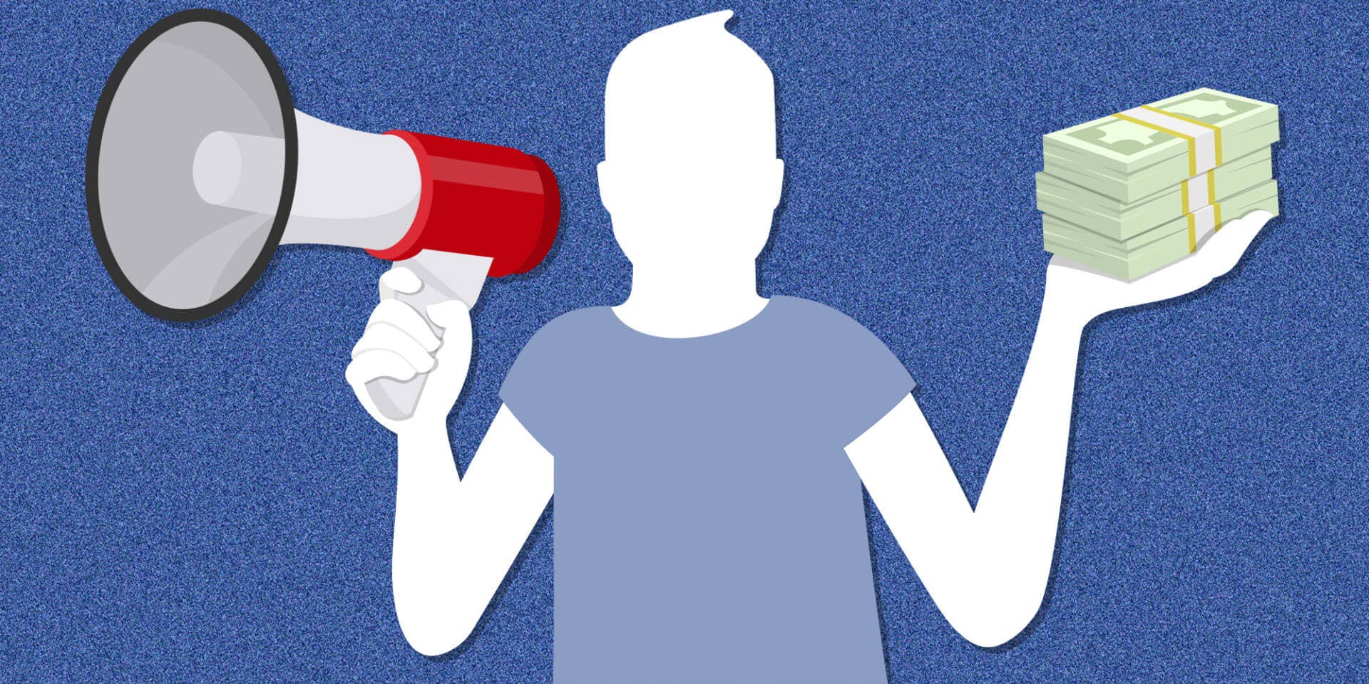 facebook icon holding bundles of cash and a megaphone