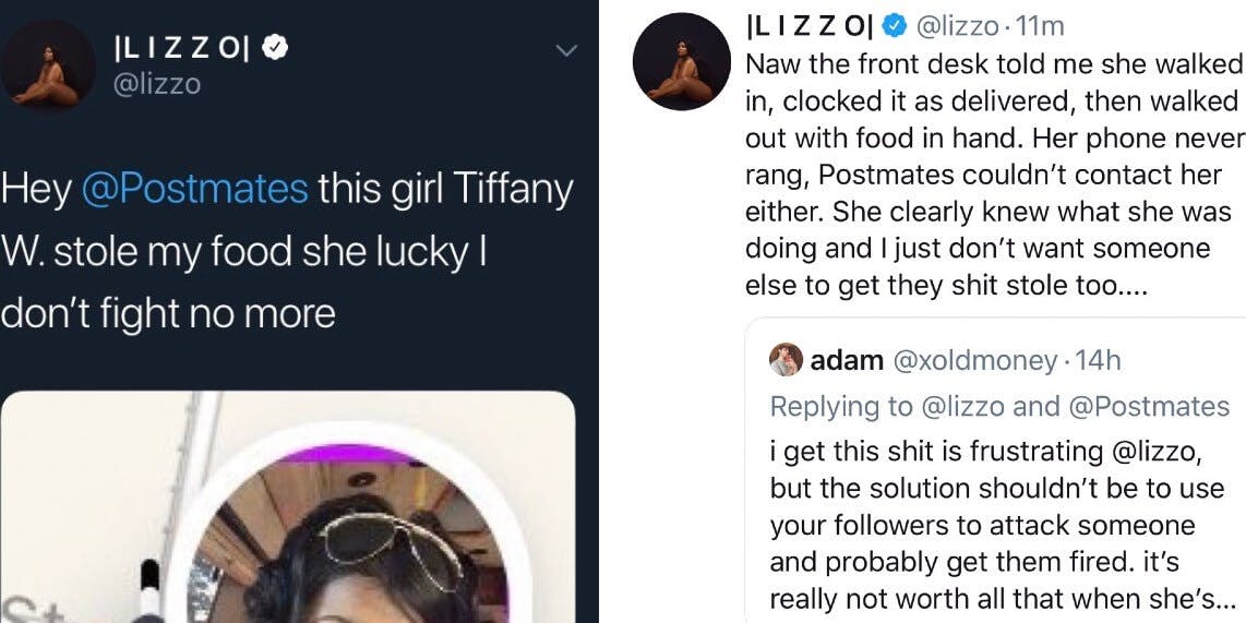 Two screenshots show Lizzo's complaints on Twitter, with one of them exposing the identity of the woman