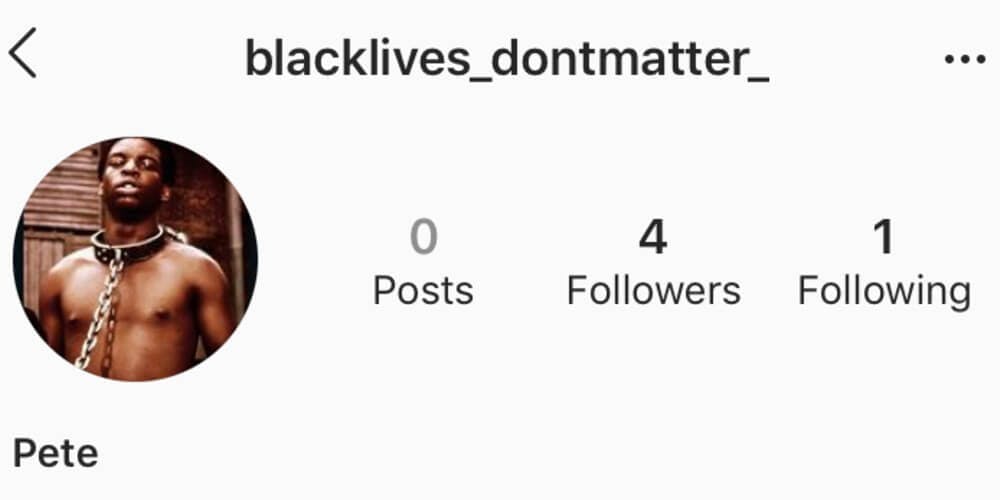 Black Lives Don't Matter account with the photo of a Black man in a noose