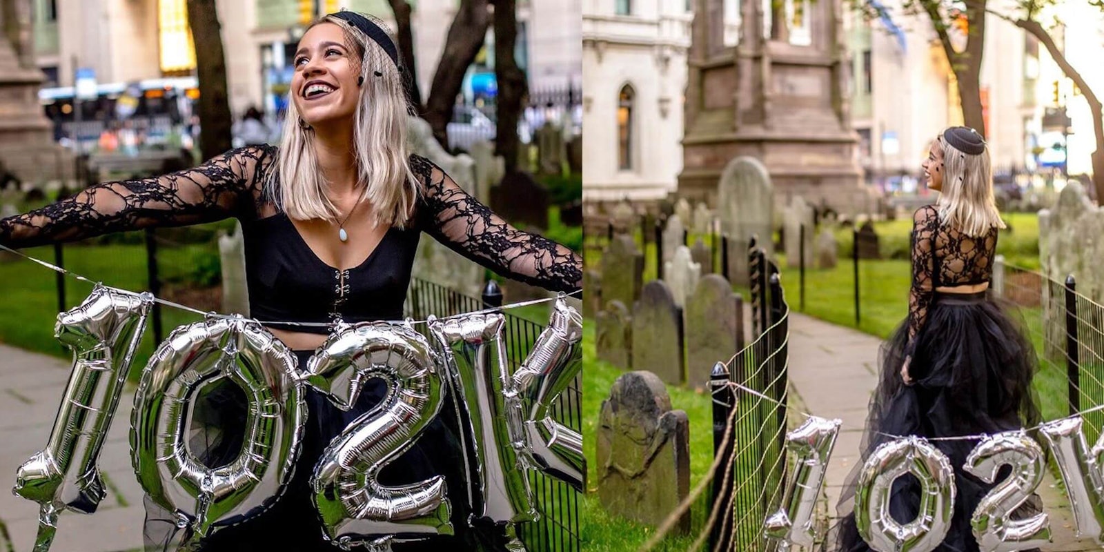 Mandy Velez seen posing with balloons at her student loan funeral