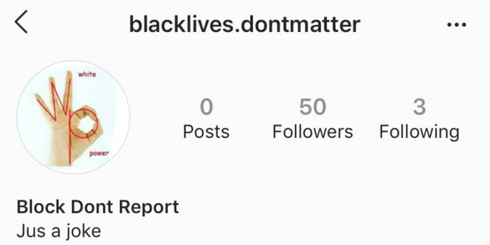 A Black Lives Dont Matter page on Instagram displays the photo of the handle signal known for white supremacy
