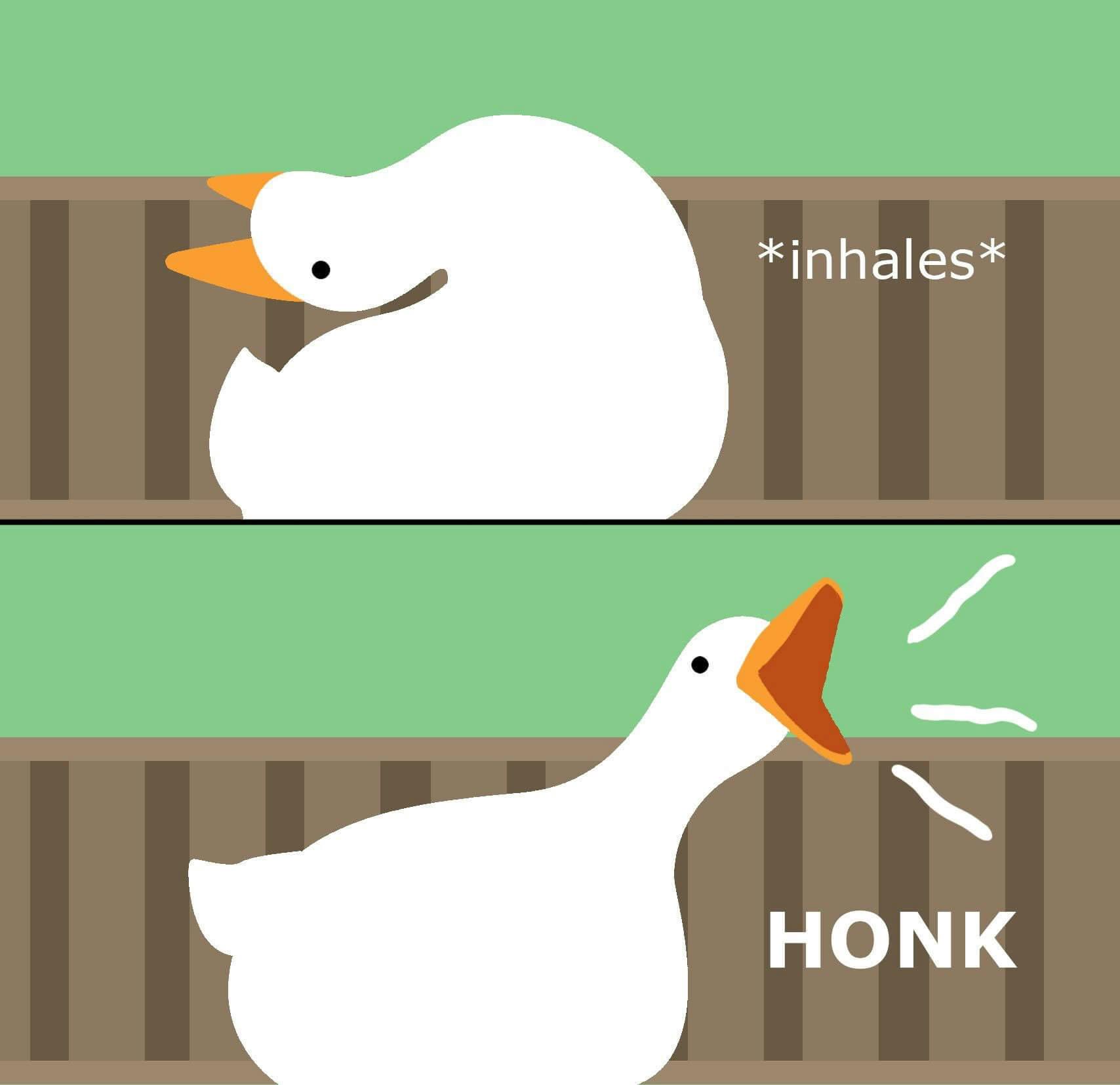 Untitled Goose Game meme showing the meme reaching its neck back before honking.