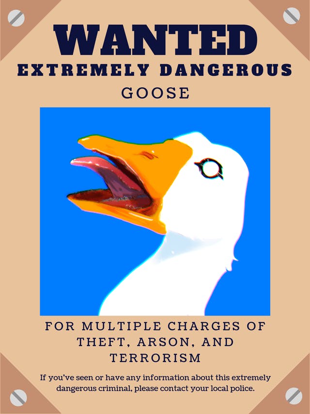 An illustrated wanted sign for a goose.