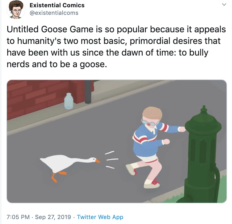 Tweet about Untitled Goose Game with a still of the game showing a boy running away from the goose.