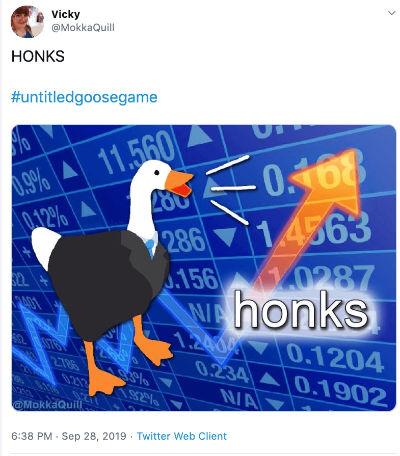 The 'stonks' businessman, shown as a goose monitoring honks.