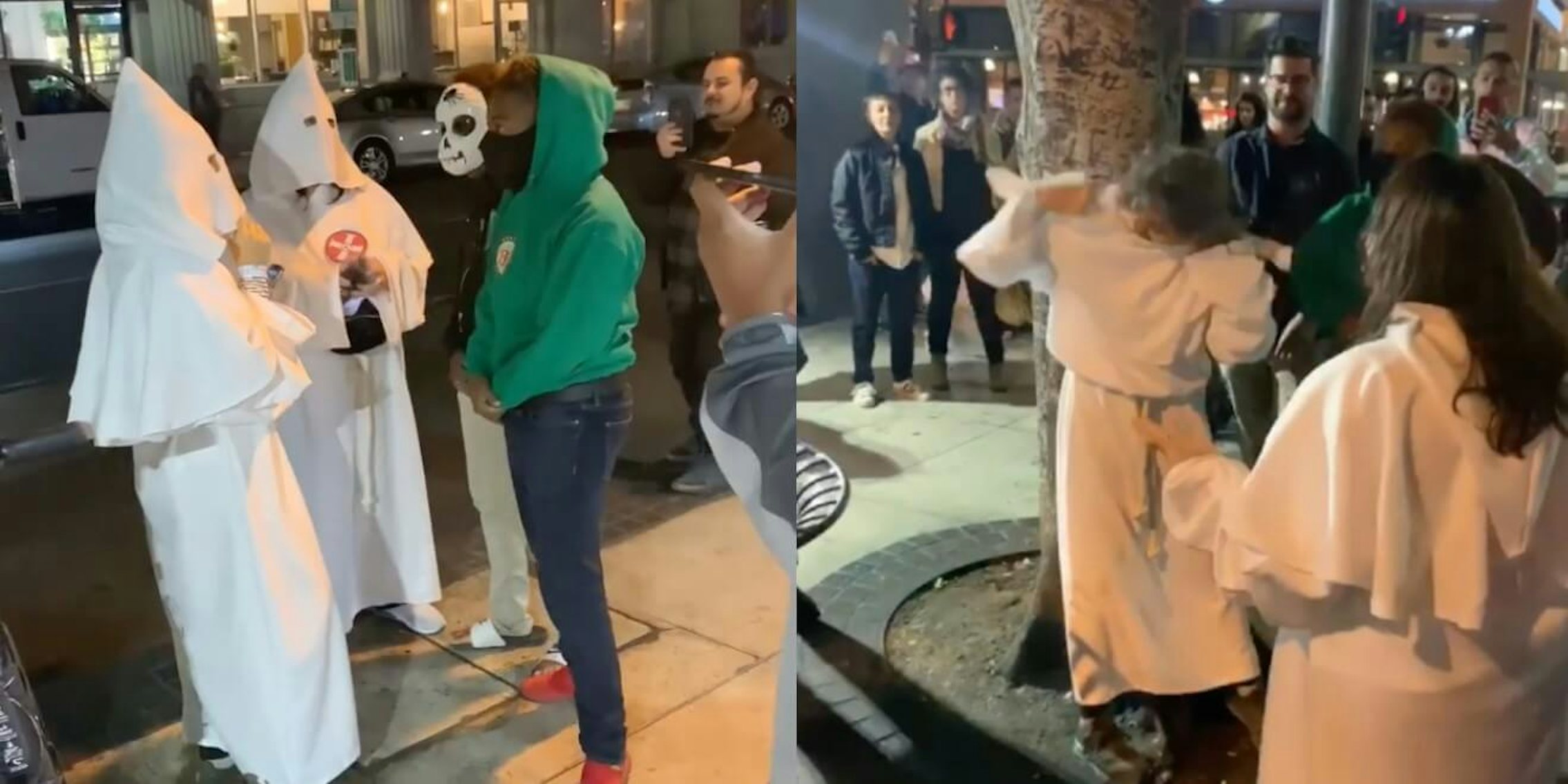 Screenshots show two women in KKK hoods and blood drop cross; one woman is seen taking off her hood in the second photo