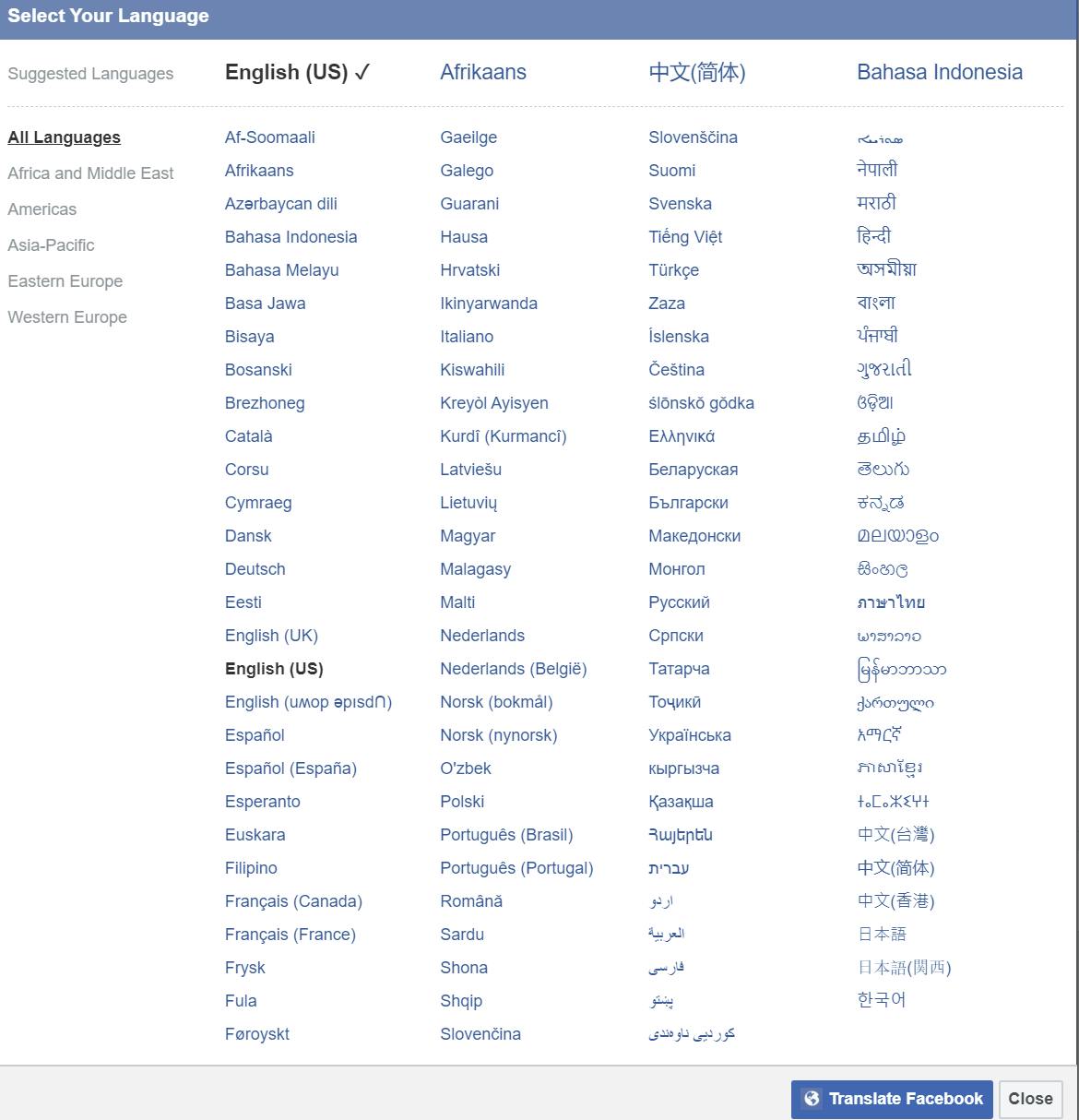 how to change language in facebook