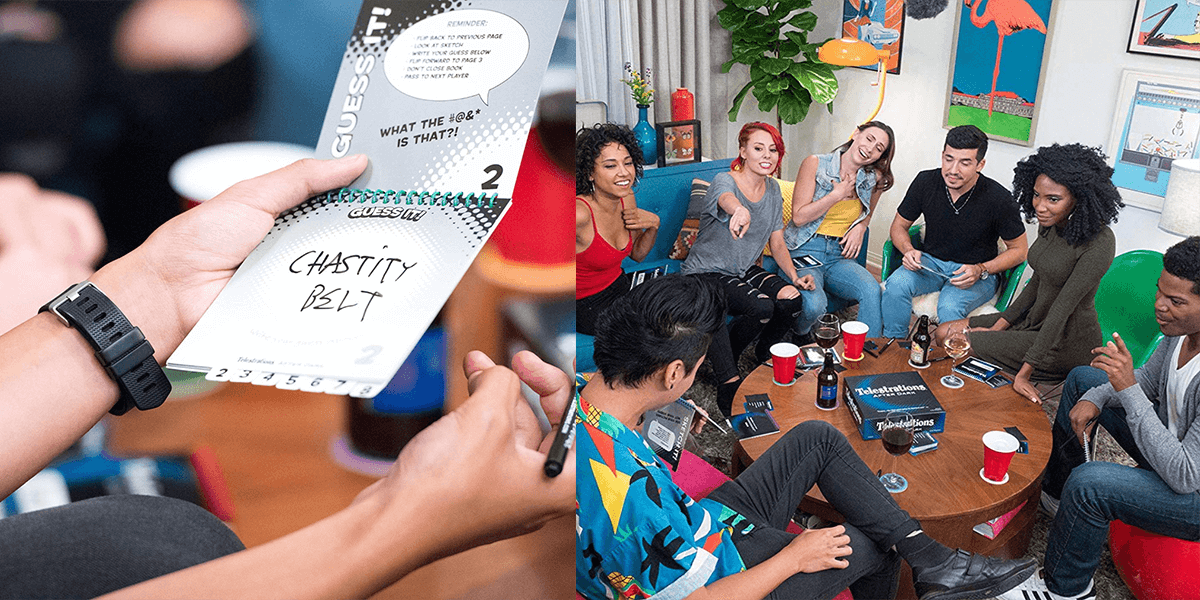 People sitting in a circle playing Telestrations after dark 