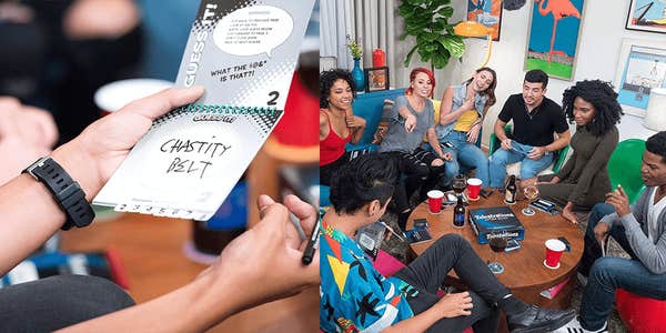 People sitting in a circle playing Telestrations after dark