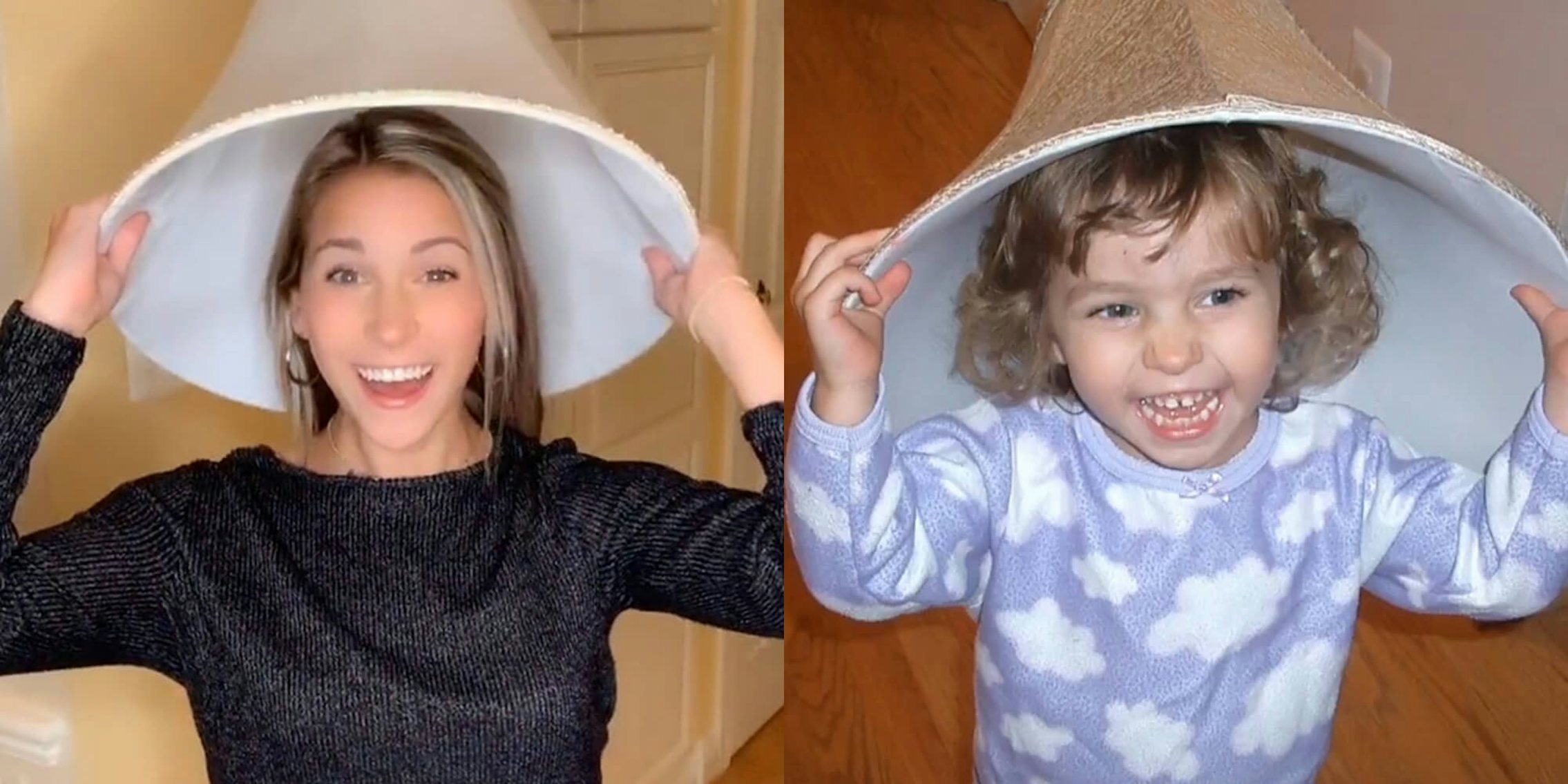 i'm baby meme, girl reenacting a childhood photo wearing a lampshade