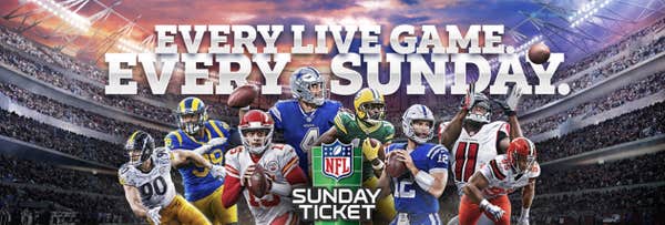 NFL Sunday Ticket promotional image showing football players from different teams. It says: Every live game. Every Sunday.