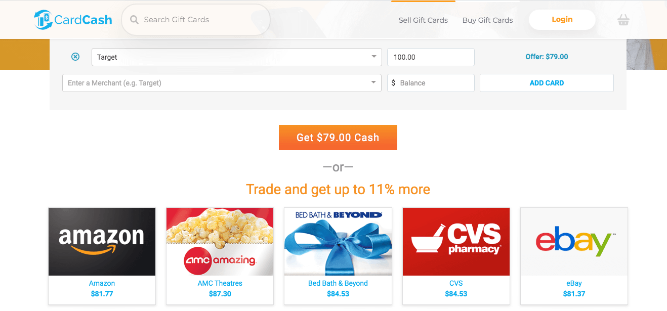 CardCash online site for selling unwanted gift cards