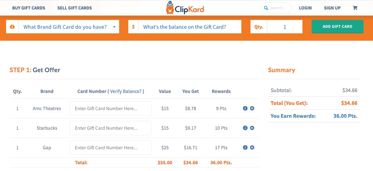 ClipKard online site for selling unwanted gift cards