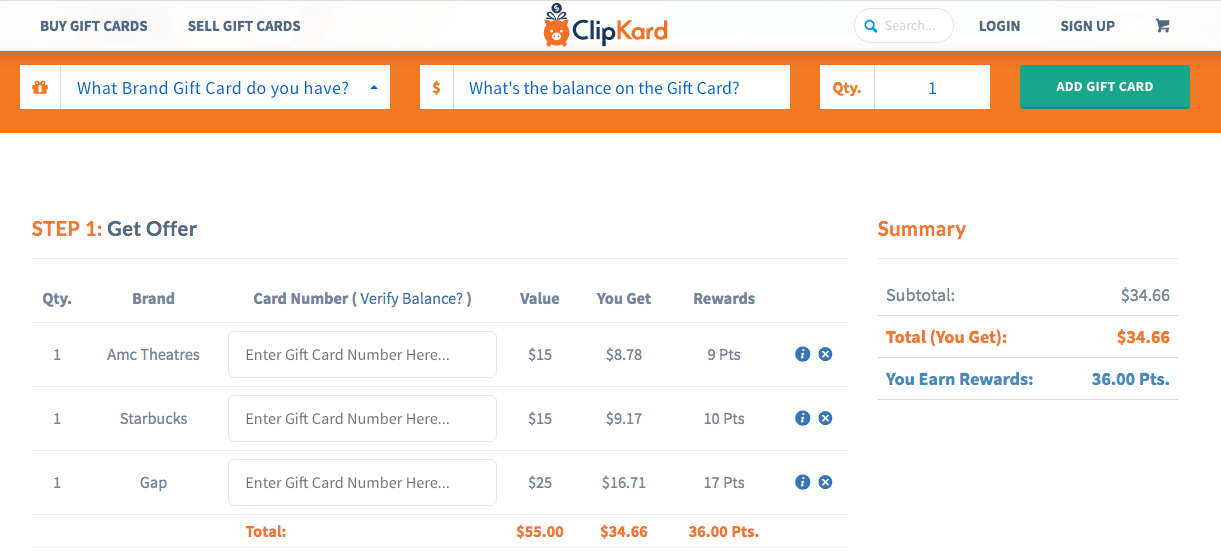 ClipKard online site for selling unwanted gift cards