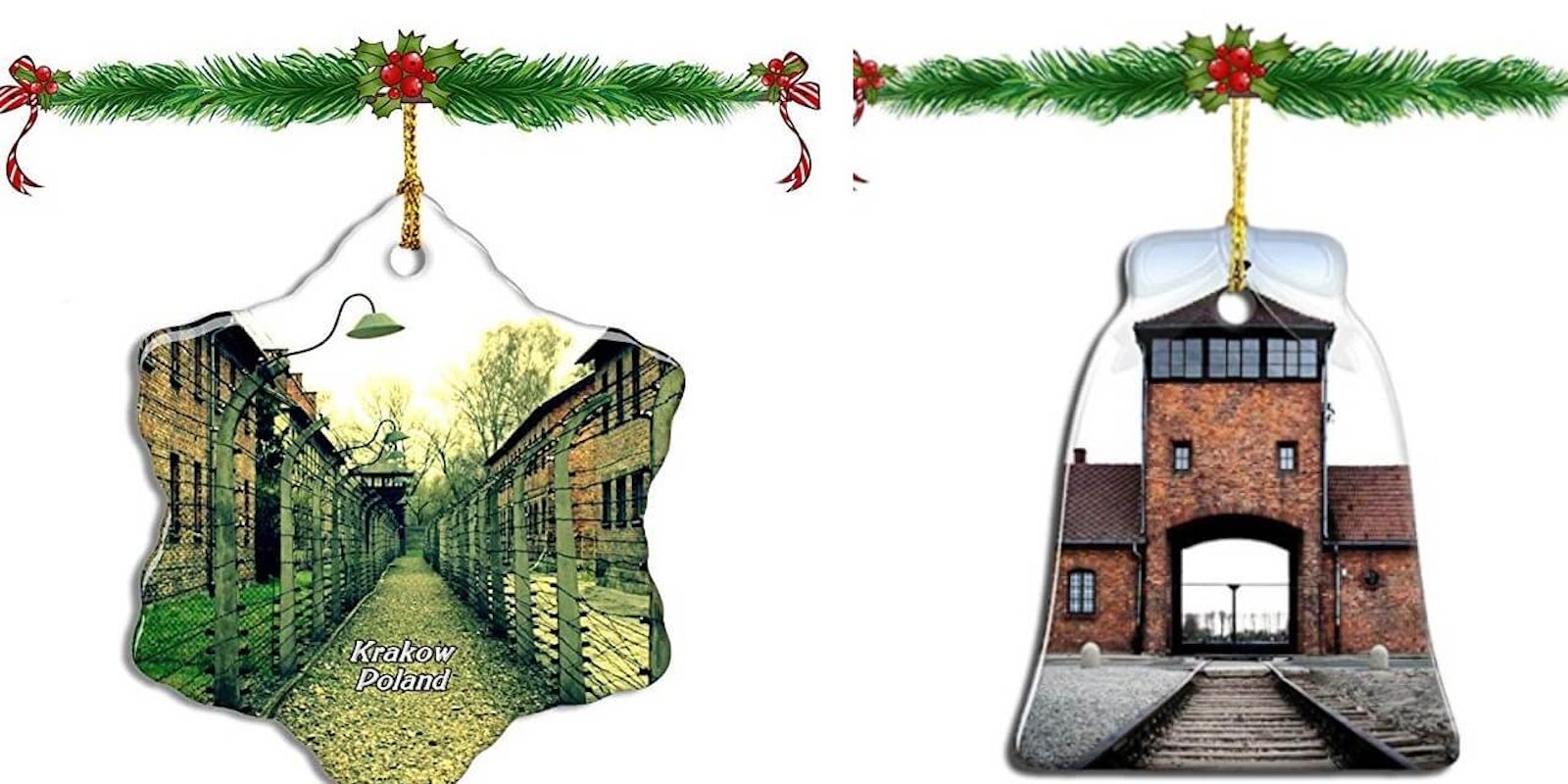 Tree decors showing Auschwitz concentration camp photos