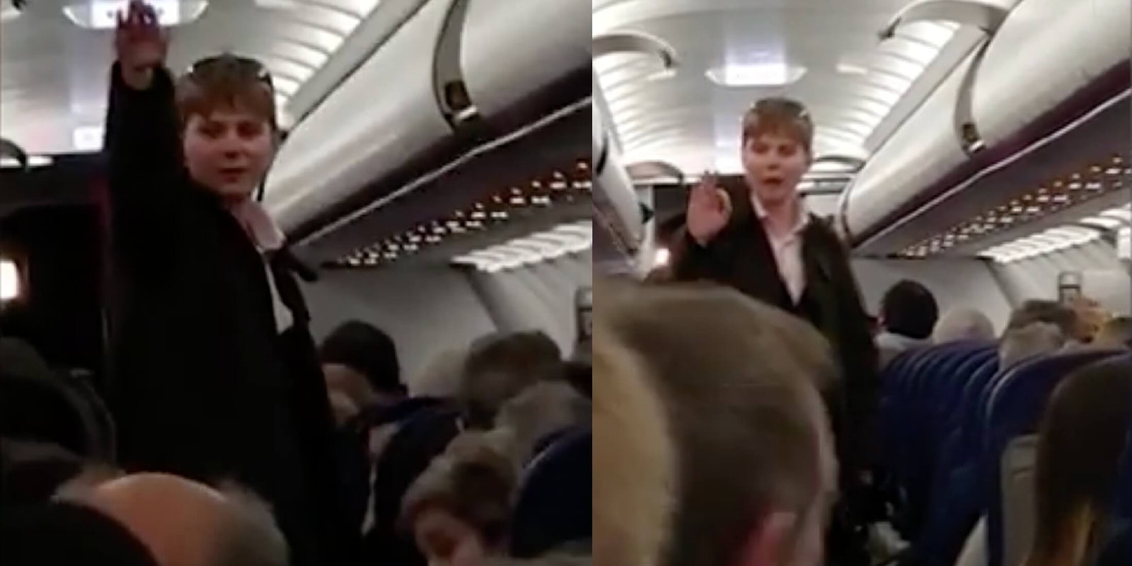 A white man making Nazi salute and white power symbol on a flight