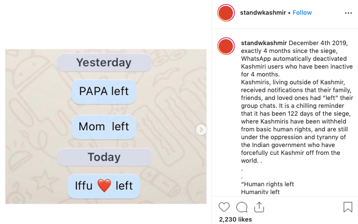 Instagram protesting Kashmiris leaving whatsapp