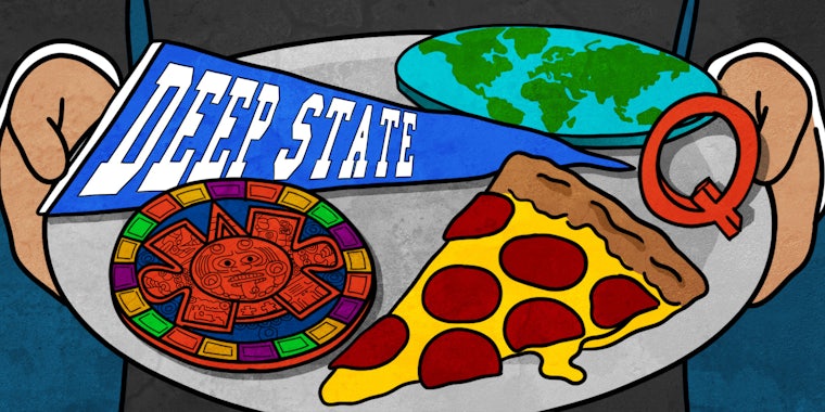 hands holding a tray serving a DEEP STATE collegiate banner, a flat earth, a piece of pizza, and a Mayan calendar