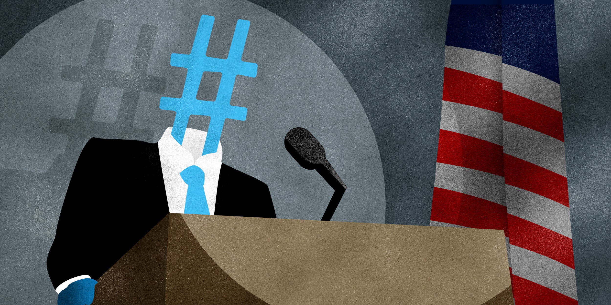 hashtag in suit speaking at lectern in front of american flag