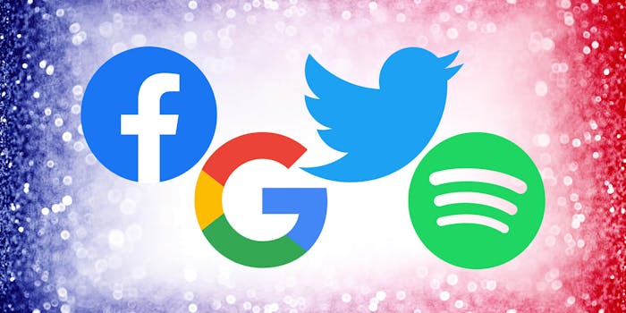 facebook, google, twitter and spotify logos over red, white, and blue background