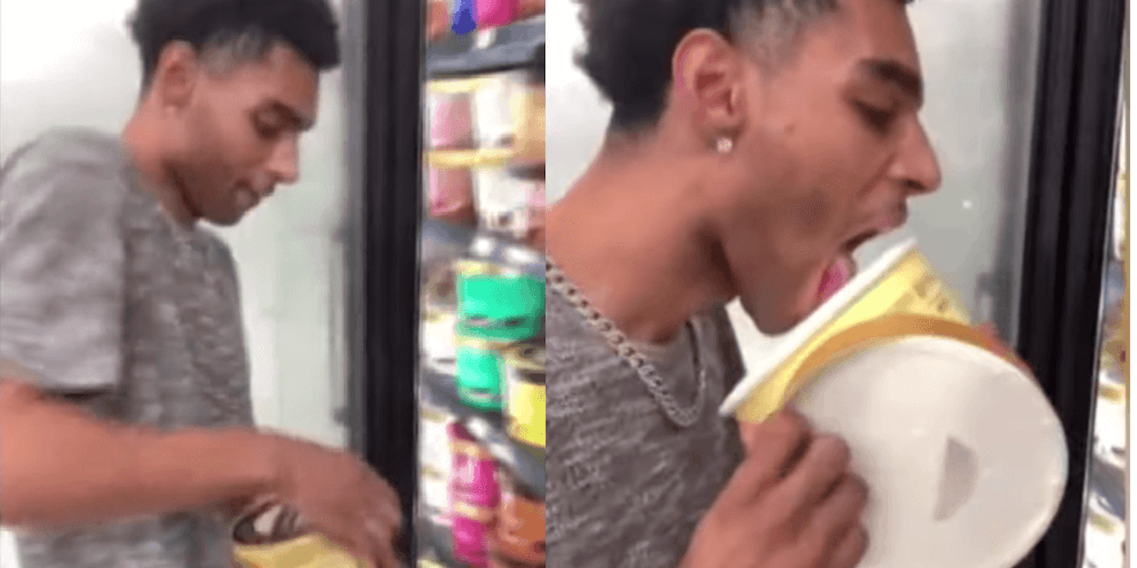 Screenshots show D’Adrien Anderson opening a tub and licking a Blue Bell ice cream