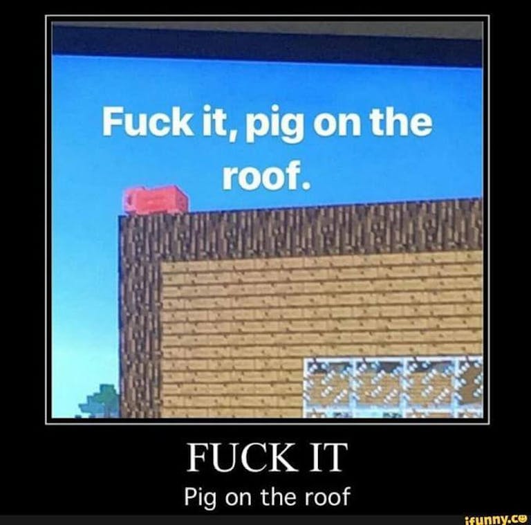 A screenshot from the video game Minecraft. It shows a house with a pig on top of it, with text reading: 