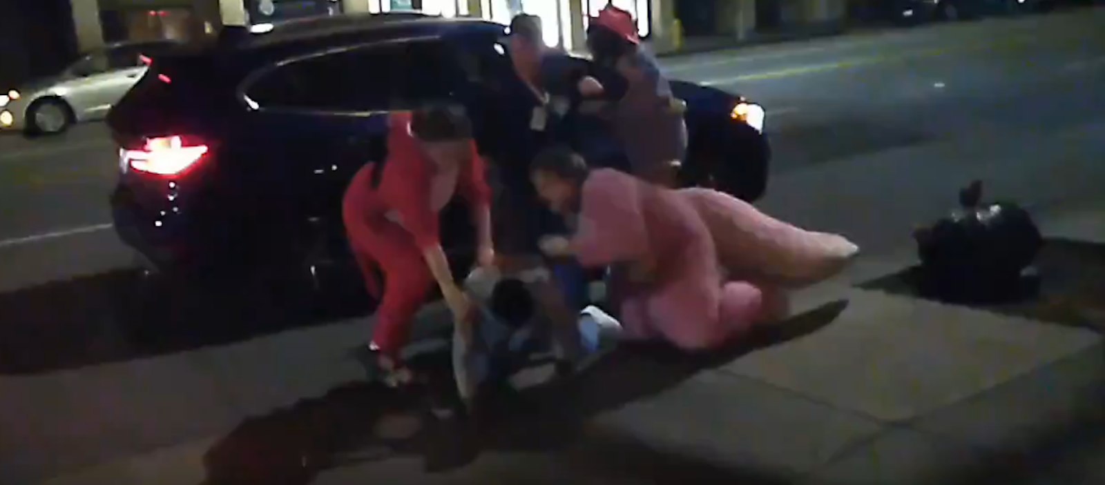Furries on the ground, wrestling with a man accused of attacking his partner.