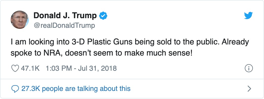 Trump's-tweet-unsupportive-of-3D-guns