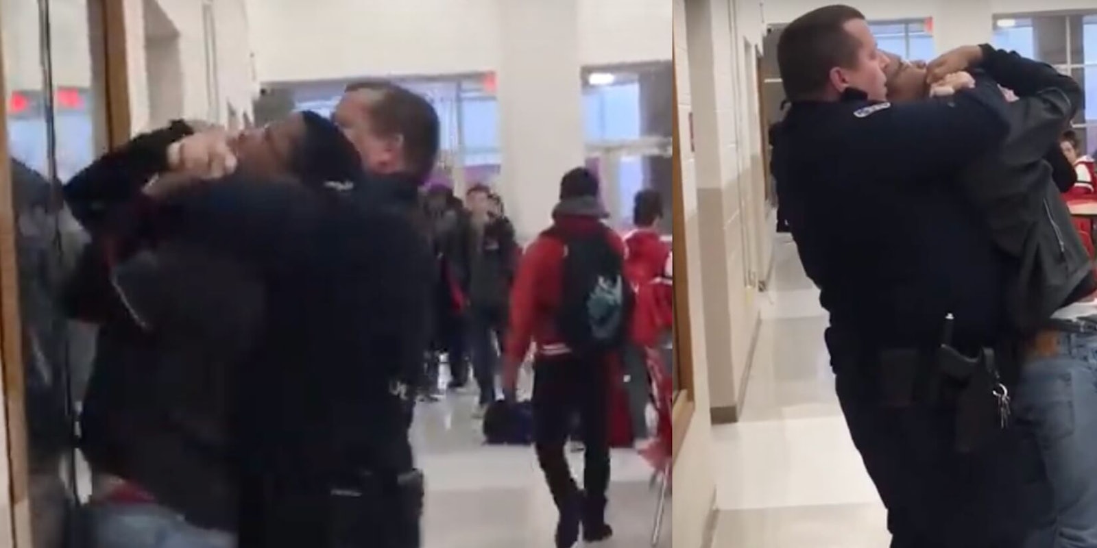 Officer Jake Perry seen holding a student in chokehold against the wall, and then facing other students