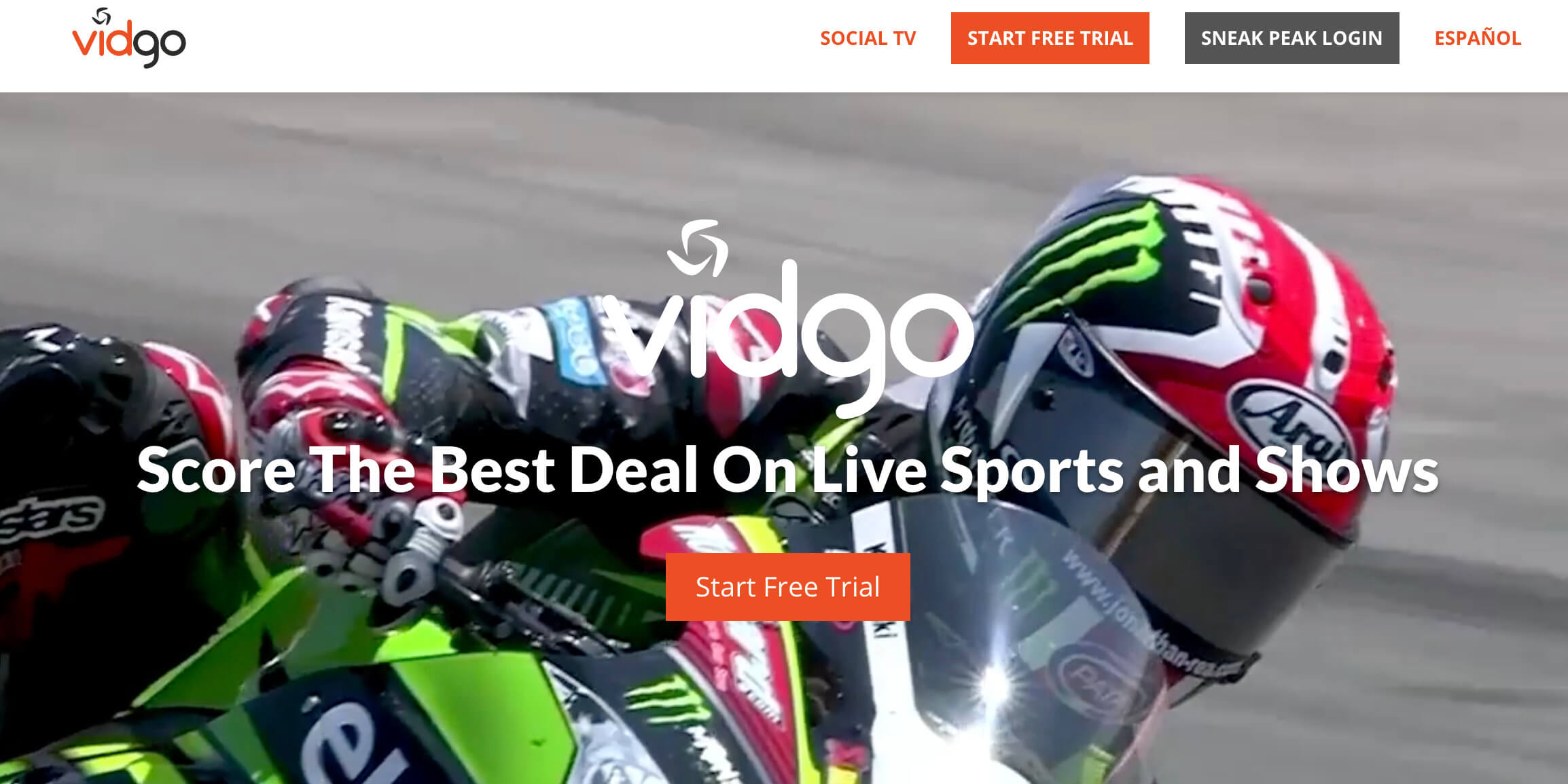 Vidgo free trial offer with motorcycle racer in background