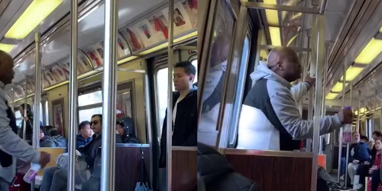 Screengrabs show the attacker spray Febreze on an Asian man on the subway