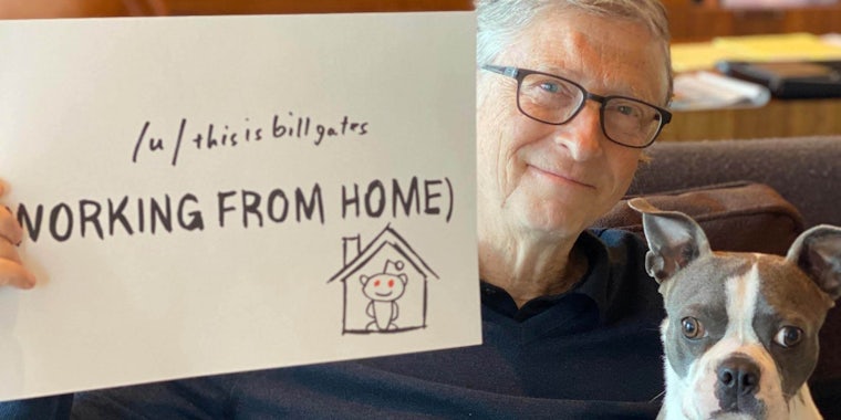 Bill Gates holding a sign for a Reddit AMA