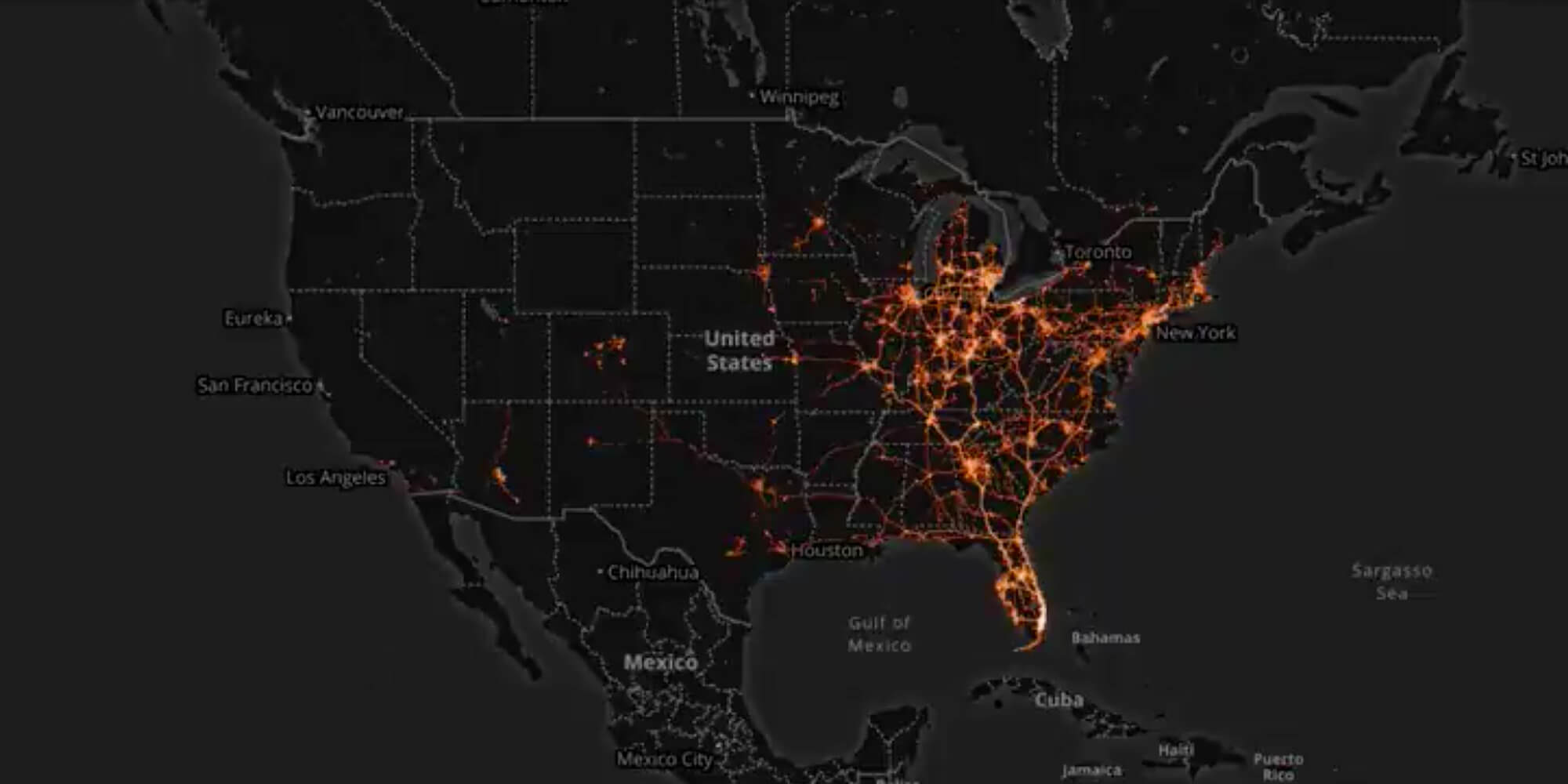 A map of the U.S. with cell phone locations highlighted