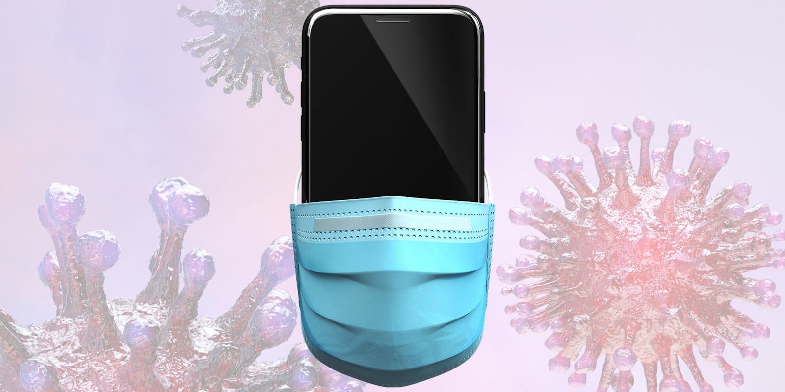 smartphone with face mask over coronavirus background