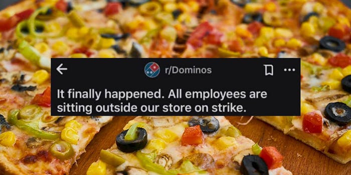 A Reddit post regarding Domino's pizza above a pizza