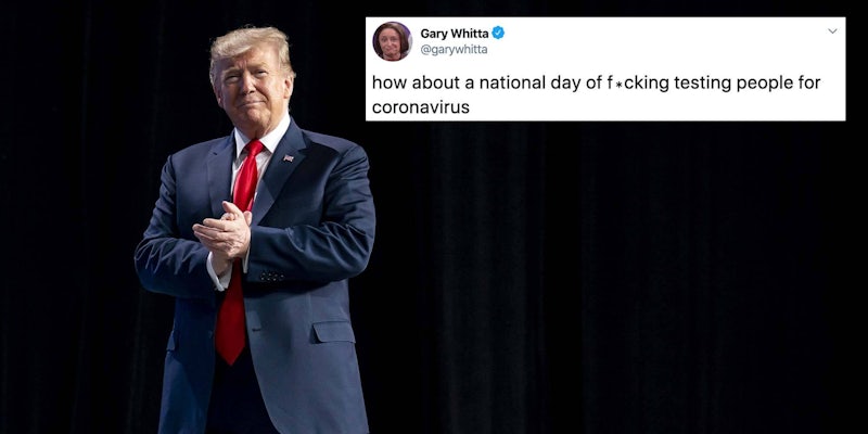 President Donald Trump next to a tweet about coronavirus