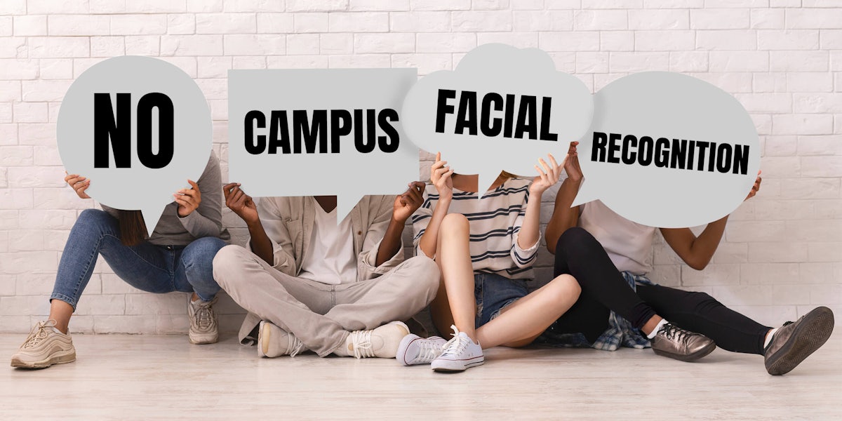 young people holding signs that read 'no campus facial recognition'