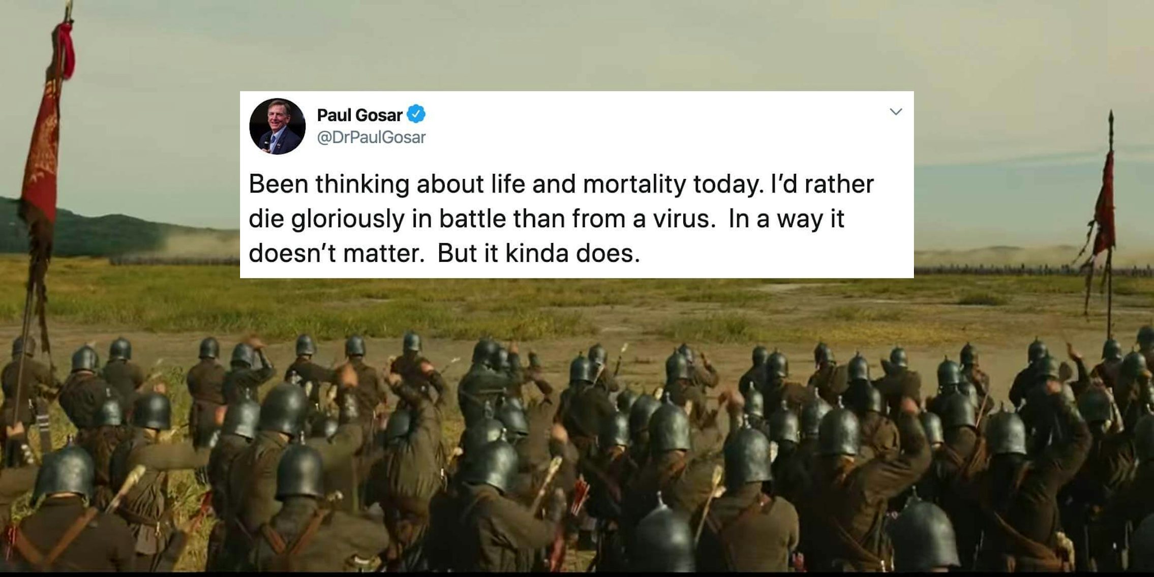 A tweet from Paul Gosar over an image of a battle
