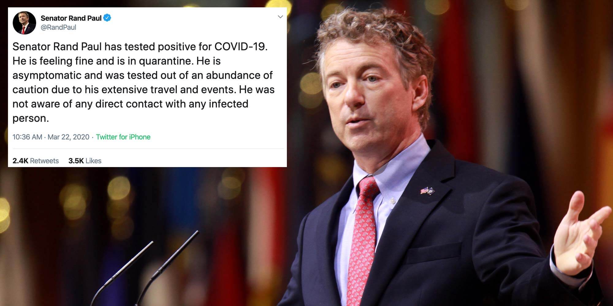 Rand Paul next to a tweet about the senator having coronavirus