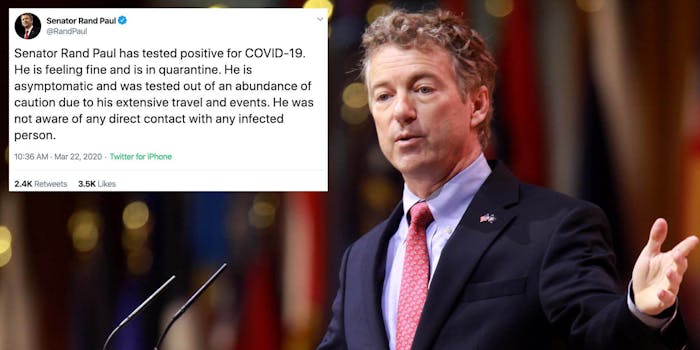 Rand Paul next to a tweet about the senator having coronavirus