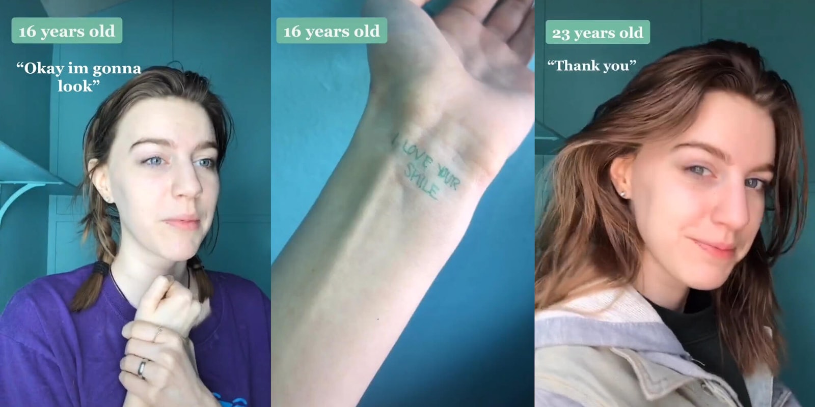 girl reads 'i love your smile' on her wrist
