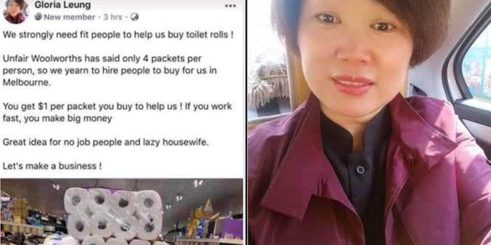 A Chinese woman next to a Facebook post with a picture of toilet paper