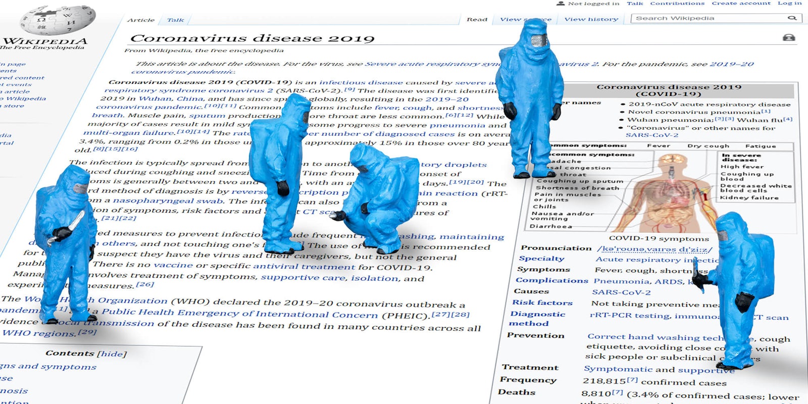 little scientists in hazmat suits examining Wikipedia's coronavirus page