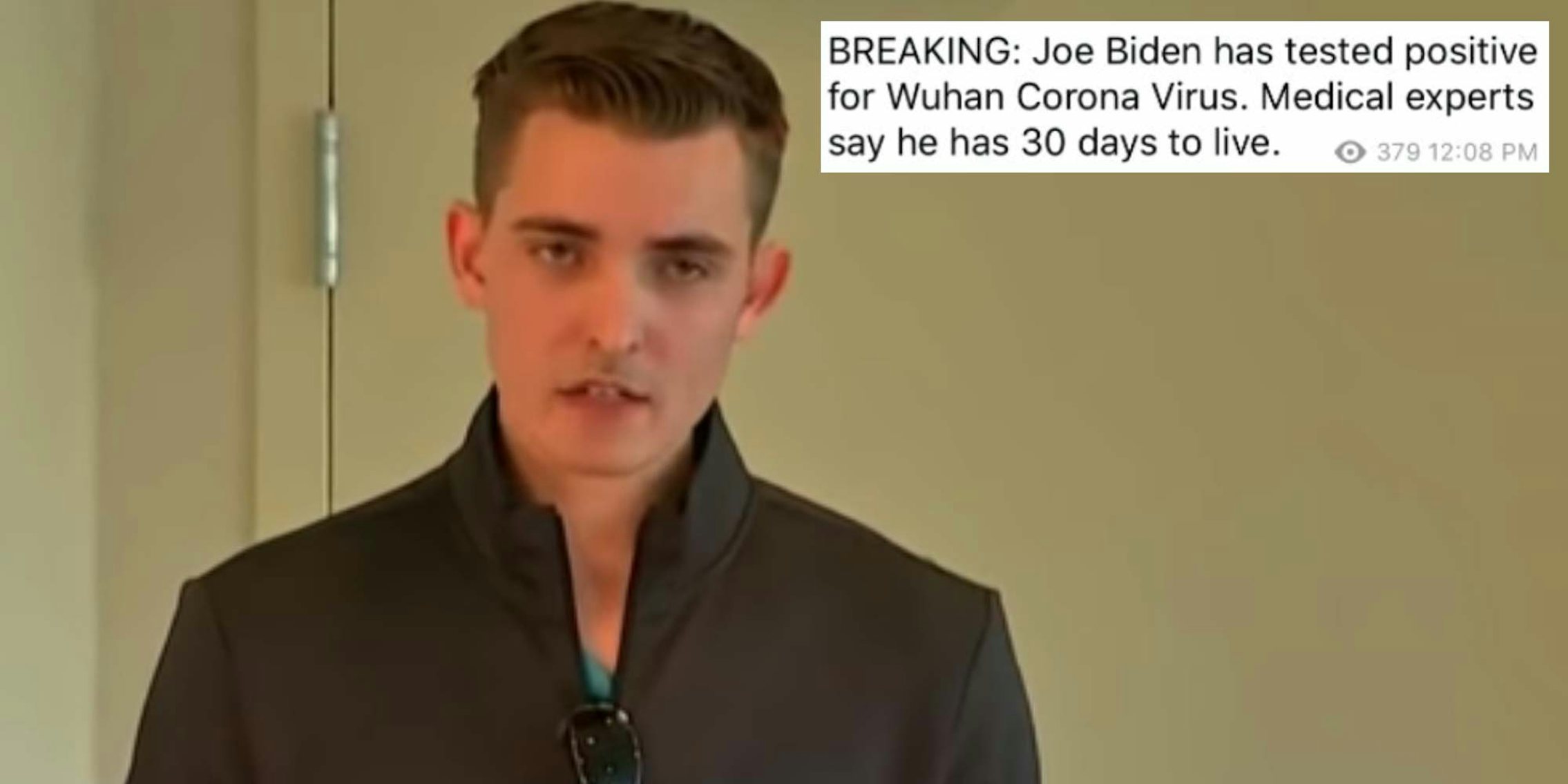 Jacob Wohl next to a fake messaging alleging Joe Biden has coronavirus
