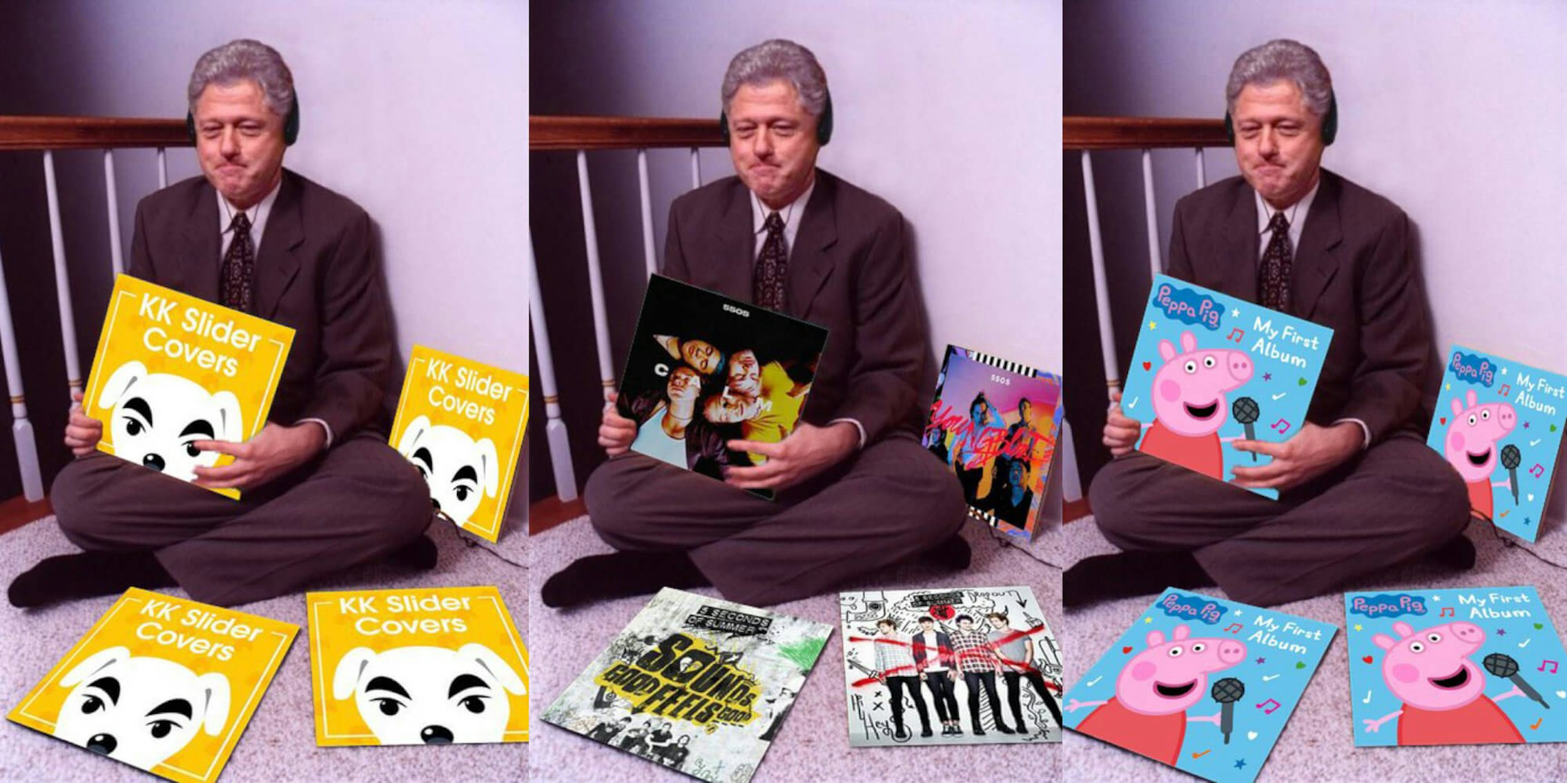 Pictures of Bill Clinton holding different album covers