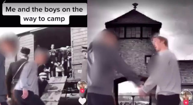 Screenshots show the two students dancing and celebrating a trip to Auschwitz