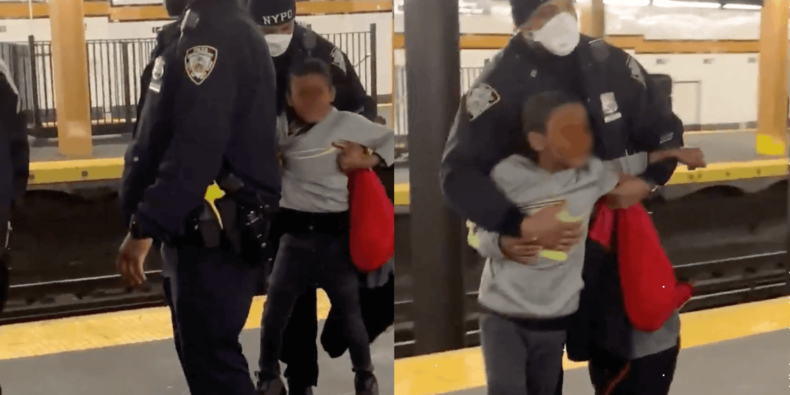 Screenshots show a NYPD cop forcefully restraining a young boy