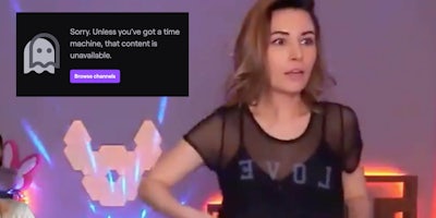 Twitch streamer Alinity next to a notice about her suspended account